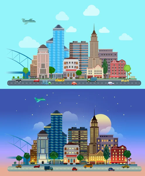 Conjunto de ciudad de dibujos animados plana — Vector de stock