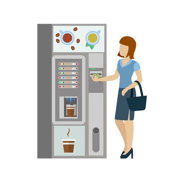 Menina antes de café máquina automática . — Vetor de Stock