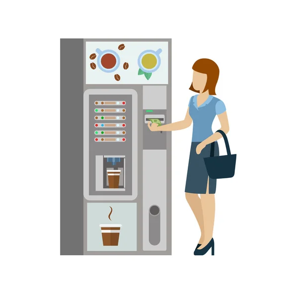 Mädchen vor Kaffeeautomat. — Stockvektor