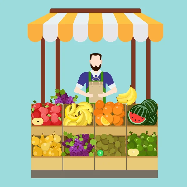 Frukt butiken säljare försäljningsprocessen. — Stock vektor