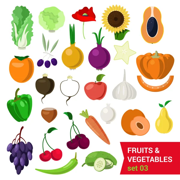 Conjunto de frutas e vegetais de estilo plano . — Vetor de Stock
