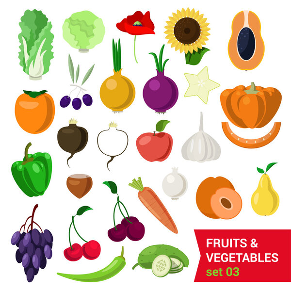 Flat style fruit and vegetable set.