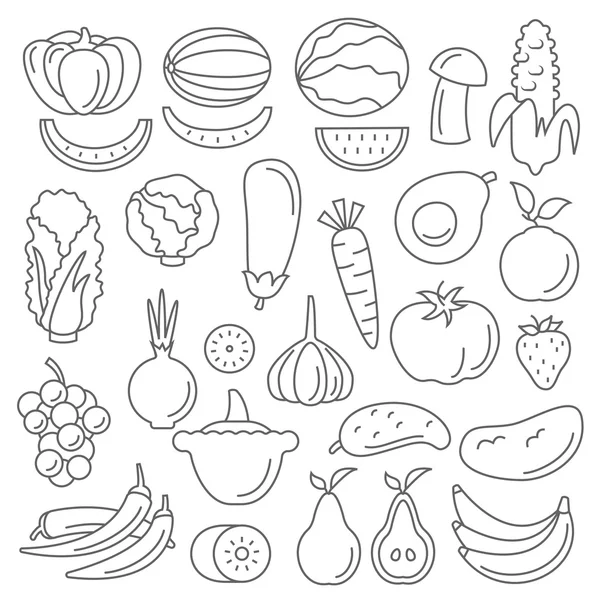 Linea art set di frutta e verdura — Vettoriale Stock
