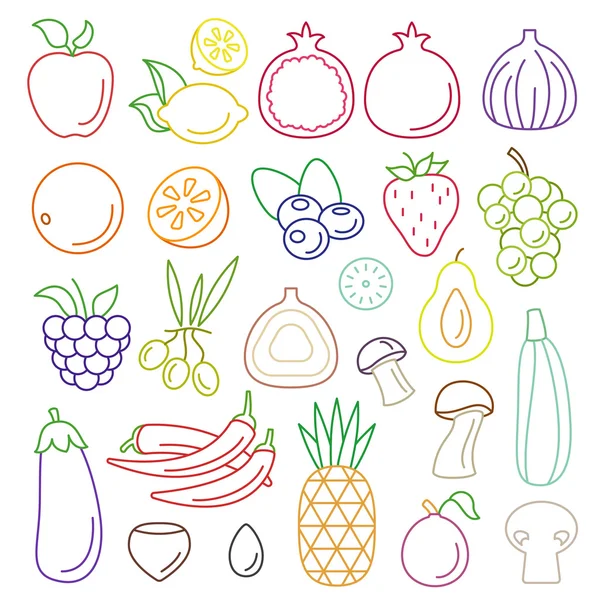 Linea art set di frutta e verdura — Vettoriale Stock