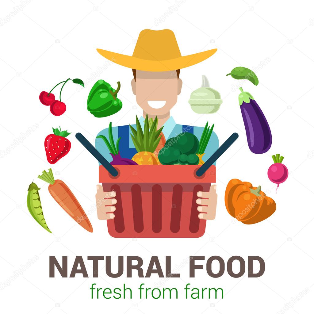 Flat style modern professional farm owner farmer shop job related icon man workplace objects. Company logo identity template. Male figure cowboy hat bag fruit vegetable. People at work collection.