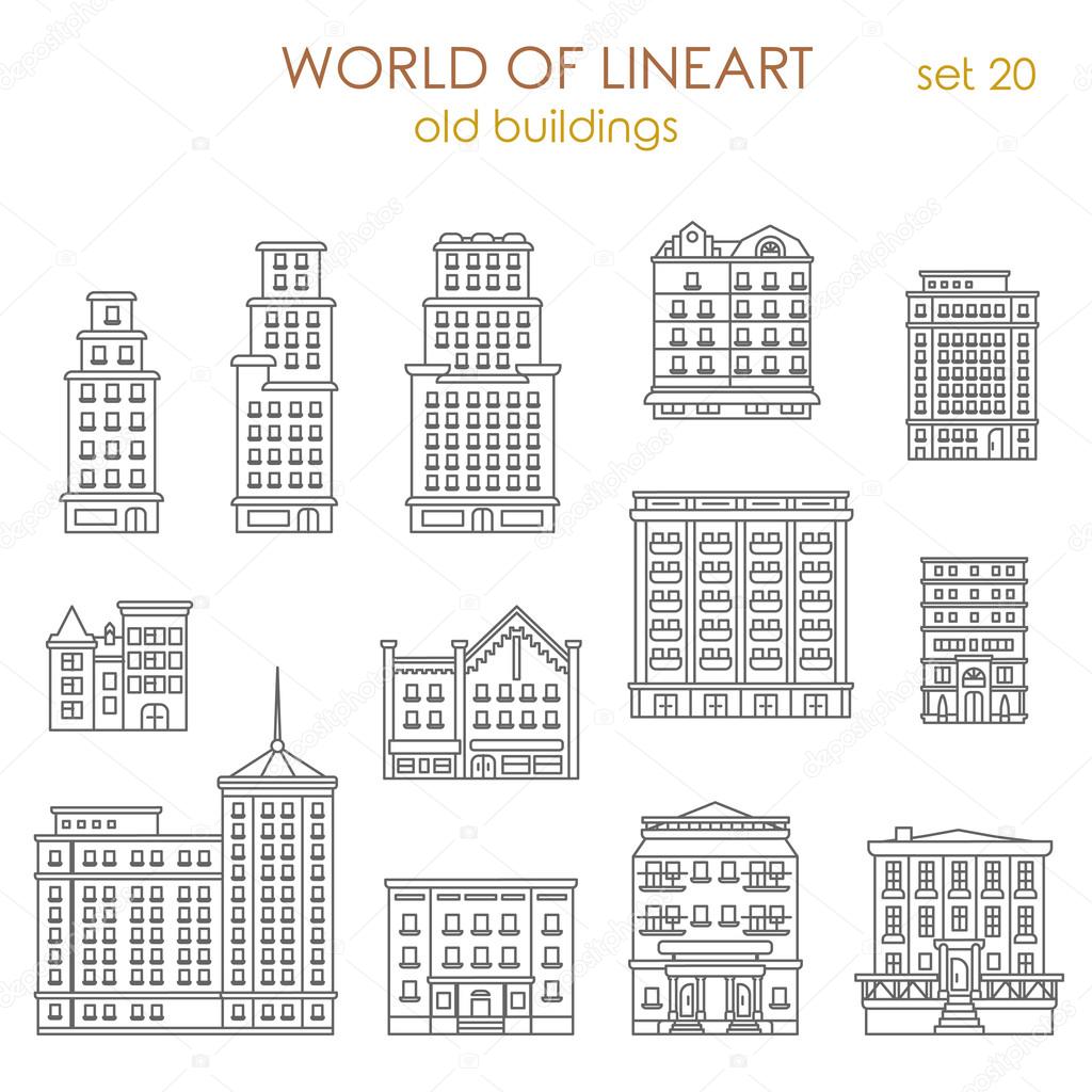 historic old buildings icon set.