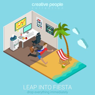 Businessman jumping from office to beach