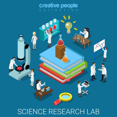 Big books flask tube and scientists.