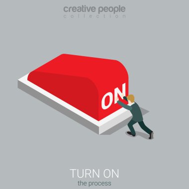 businessman pressing big red ON button