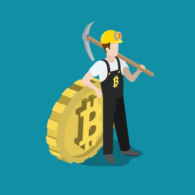 worker with pickaxe and big bit coin. clipart
