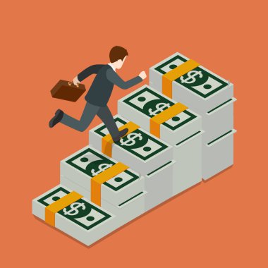 Businessman running up on banknotes