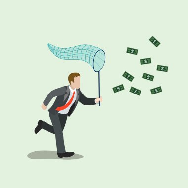 Businessman running after flying dollars