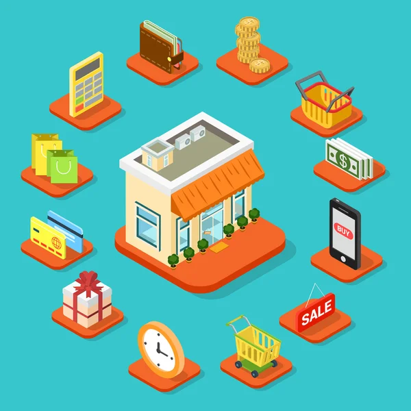 Tienda tienda edificio iconos infográficos — Vector de stock