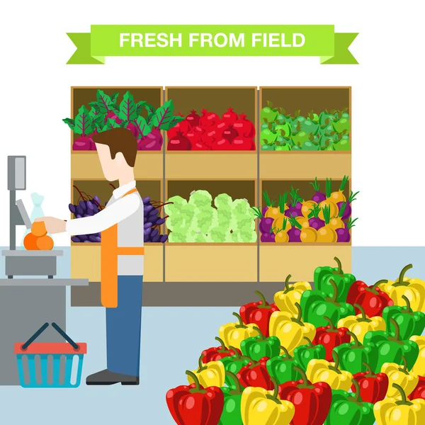 Mercato della frutta vegetale in stile piatto — Vettoriale Stock