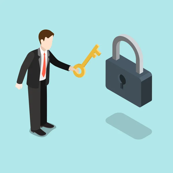 Businessman holding  key pointing to lock hole — Stockový vektor