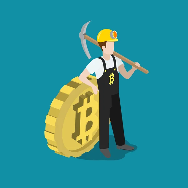 worker with pickaxe and big bit coin.