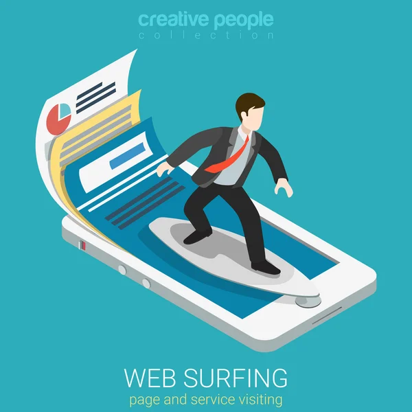 Geschäftsmann surft auf Surfbrett-Webseite — Stockvektor
