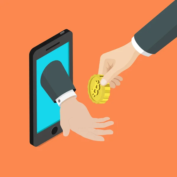 Hand from smartphone  takes bit coin — Διανυσματικό Αρχείο