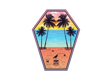 Palmiye ağaçları, kafatası, yengeç silueti. Sahilin ve denizin muhteşem manzarası.