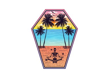 Kafatasları batı ufkunda gün batımı manzaralı sahilde meditasyon yapıyor. Düzenlenebilir, vektör illüstrasyonu.