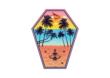 Kafatasları batı ufkunda gün batımı manzaralı sahilde meditasyon yapıyor. Düzenlenebilir, vektör illüstrasyonu.