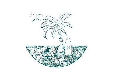 Palmiye ağaçları, sörf tahtaları, kafatası ve kuşları olan tropik bir ada..