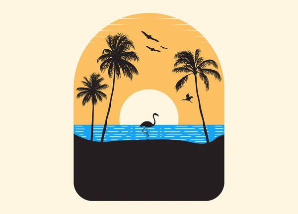 Пляж Кокосовые Деревья Фламинго Силуэт Птиц Море Закат — стоковый вектор