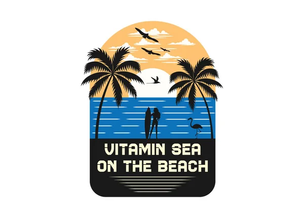 Vitamina Del Mar Playa Panorama Oceánico Con Una Mujer Sosteniendo — Vector de stock