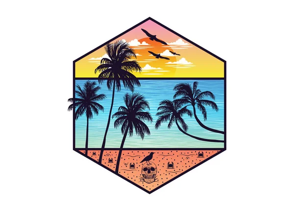 Panorama Morza Plaży Drzewami Kokosowymi Ptakami Krabami Czaszką Edytowalna Ilustracja — Wektor stockowy