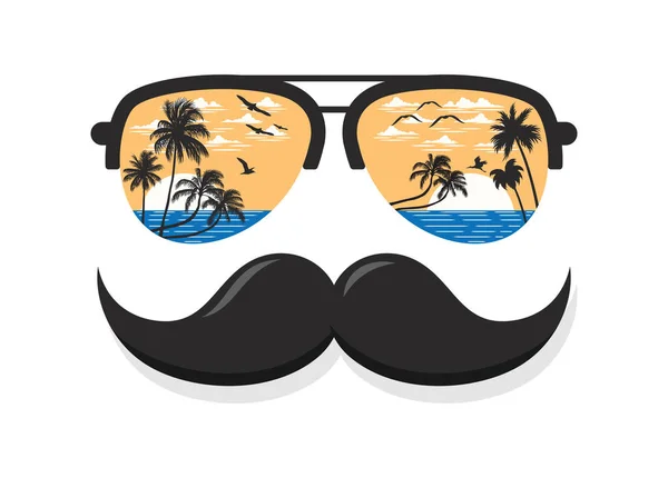 Lunettes Soleil Moustache Avec Vue Spectaculaire Sur Plage Illustration Vectorielle — Image vectorielle