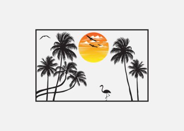 Flamingo güzel bir okyanus manzarası olan sahilde yiyecek aramak için yürür. Düzenlenebilir, vektör illüstrasyonu.