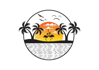 Sahilde aşık flamingo çifti. Gün batımı manzarası çok güzel. Düzenlenebilir, vektör illüstrasyonu.