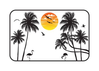 Flamingo güzel bir okyanus manzarası olan sahilde yiyecek aramak için yürür. Düzenlenebilir, vektör illüstrasyonu.