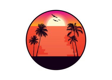 Sahilde sıcak bir atmosfer ve batı ufkunda gün batımı manzarası. Yaz tatili zamanı. Düzenlenebilir, vektör illüstrasyonu.