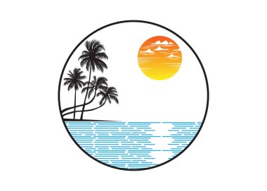 Sahilde sıcak bir atmosfer ve batı ufkunda gün batımı manzarası. Yaz tatili zamanı. Düzenlenebilir, vektör illüstrasyonu.