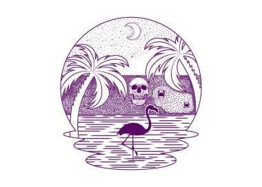 Flamingo güzel bir okyanus manzarası olan sahilde yiyecek aramak için yürür. Düzenlenebilir, vektör illüstrasyonu.