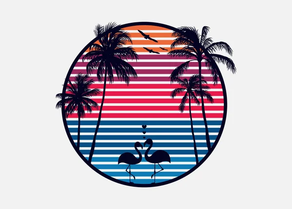 美しい夕日の景色を望むビーチで恋にフラミンゴのカップル 編集可能なベクトル図 — ストックベクタ