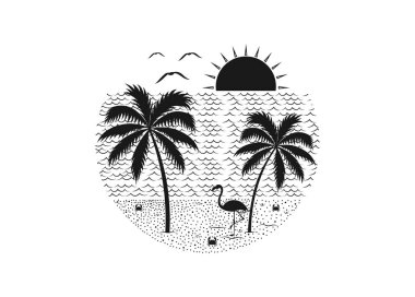 Flamingolu, kuşlu ve palmiye ağaçlı tropikal adada deniz panoramiği. Düzenlenebilir, vektör illüstrasyonu.
