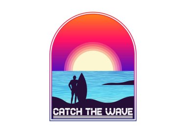 Dalgayı yakala, yaz sörf tahtası tutan adamla sörf yap. Düzenlenebilir. vektör illüstrasyonu.