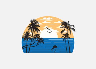 Flamingolu, kuşlu ve palmiye ağaçlı tropikal adada deniz panoramiği. Düzenlenebilir, vektör illüstrasyonu.