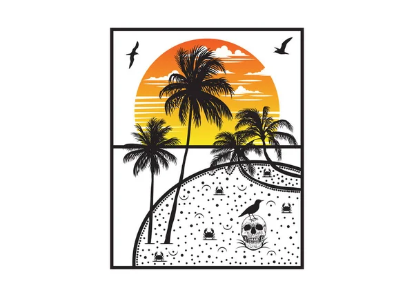 Ocean Zachód Słońca Panoramiczne Plaży Edytowalna Ilustracja Wektorowa — Wektor stockowy
