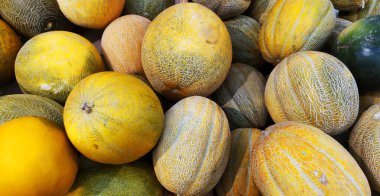 Kavun. Piyasada bir sürü taze kavun var. Yukarıdan bak. Doku. Geçmişi. Mevsimlik yaz meyveleri. Kötü kültür. Pankart. Panorama