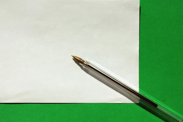 볼펜은 녹색 배경에 글을 쓰기 위한 것입니다. 위에서 본 모습. 손잡이는 흰 케이스입니다. 손잡이는 오른쪽 아래에 있는 백지 위에 있다. 학교 생활. 일때문에. 패들리. 복사 공간. — 스톡 사진