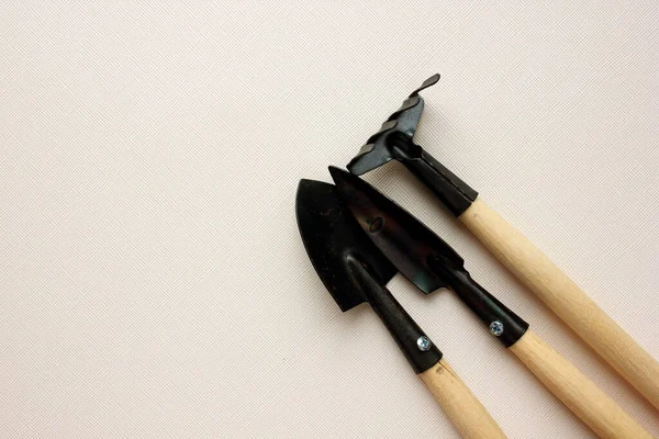 Garden tools, shovels and rakes, isolated on a white background. Close-up. The concept of planting rasta, agriculture, transplantation of houseplants, working tools. Hobby. Flaty. Copy space.