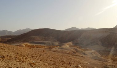 Desert. A beautiful landscape in the middle of the rocky mountains in a magnificent, beautiful landscape. Egypt. Blue sky. Copy space. Counterlight.