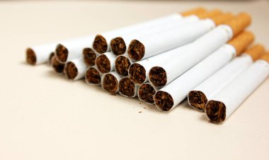 Beyaz arka planda bir sürü sigara üst üste yığılmış. World No Tobacco, Tobacco and Lung Health konsepti. Uzayı kopyala Sağlığa zararlı. Kötü bir alışkanlık..