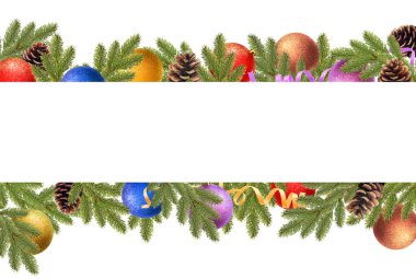 Noel sınır çam dalları, çam kozalakları, Noel topları ve Serpantinli ile