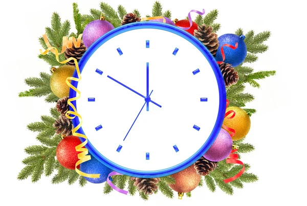 Reloj de Año Nuevo y bolas de Navidad, conos de pino, ramas de abeto — Vector de stock