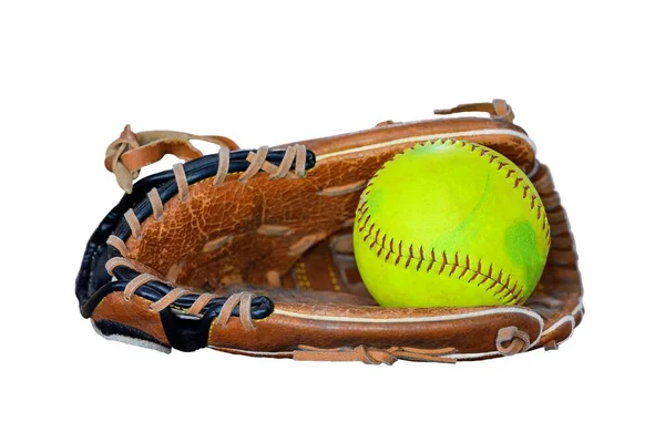 Closeup Vintage Softball Glove Old Ball Isolated White Background — Stock Photo, Image