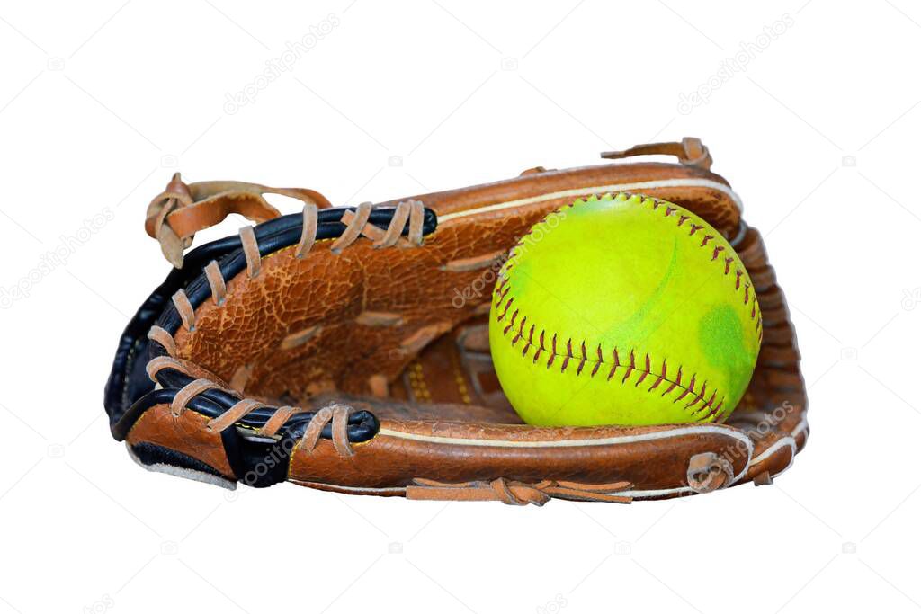 Closeup Of Vintage Softball Glove And Old ball Isolated On White Background.